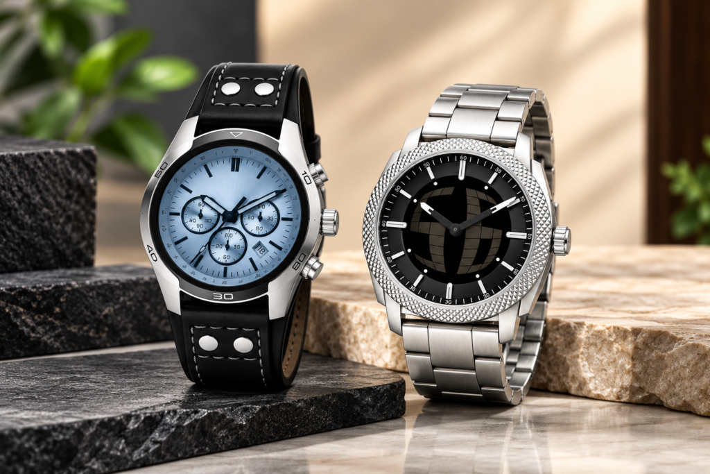Fossil Premium Dual Watch Combo – Silver/Ice Blue Chronograph & Black Dial Stainless Steel Watch