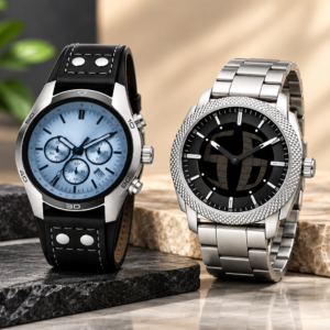 Fossil Premium Dual Watch Combo – Silver/Ice Blue Chronograph & Black Dial Stainless Steel Watch